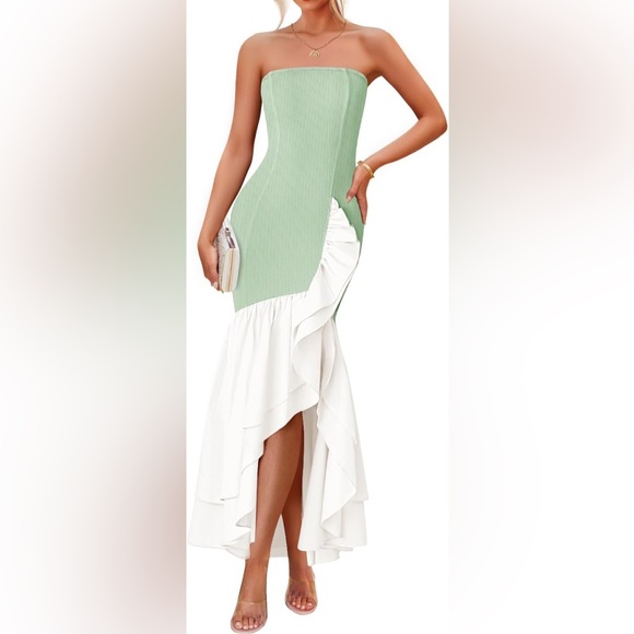 ZESICA Strapless Ribbed Maxi Dress High Slit Mermaid Sage Size Small New - Picture 4 of 8